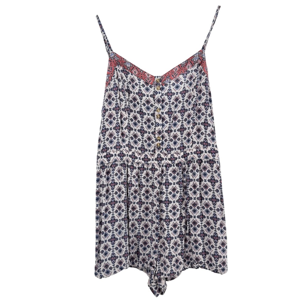 American Eagle Outfitters Geometric Print Smocked Romper Navy Pink White Large